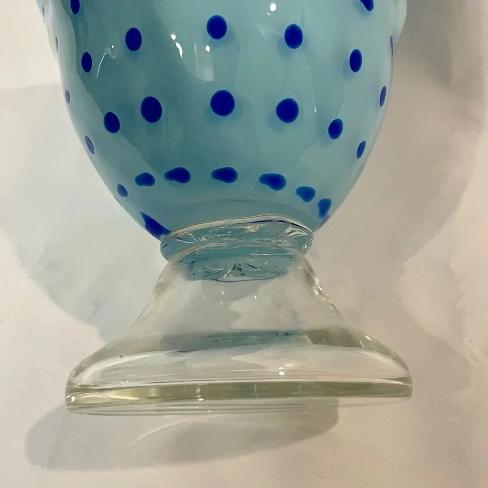 Blue Polka Dot & Stripped Blown Glass Fluted Ruffle Vase Handmade Unique